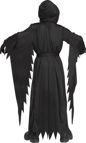 Back of child posing in the Scream Bleeding Ghost Face costume featuring a long black hooded robe designed with a flowing, floor‑length silhouette and wide draped sleeves finished with jagged, torn‑style edges; includes a tie belt at the waist to help shape the fit and create that classic slasher‑cloak look, and the bleeding mask equipped with a hand‑held pump system and includes 2 fl. oz. of theatrical blood, allowing the red liquid to be released and flow over the mask to create a moving “bleeding” effect