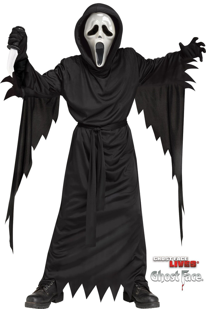 Child posing in the Scream Bleeding Ghost Face costume featuring a long black hooded robe designed with a flowing, floor‑length silhouette and wide draped sleeves finished with jagged, torn‑style edges; includes a tie belt at the waist to help shape the fit and create that classic slasher‑cloak look, and the bleeding mask equipped with a hand‑held pump system and includes 2 fl. oz. of theatrical blood, allowing the red liquid to be released and flow over the mask to create a moving “bleeding” effect