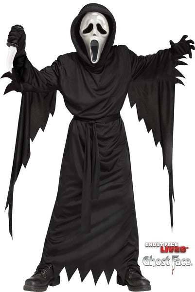 Child posing in the Scream Bleeding Ghost Face costume featuring a long black hooded robe designed with a flowing, floor‑length silhouette and wide draped sleeves finished with jagged, torn‑style edges; includes a tie belt at the waist to help shape the fit and create that classic slasher‑cloak look, and the bleeding mask equipped with a hand‑held pump system and includes 2 fl. oz. of theatrical blood, allowing the red liquid to be released and flow over the mask to create a moving “bleeding” effect
