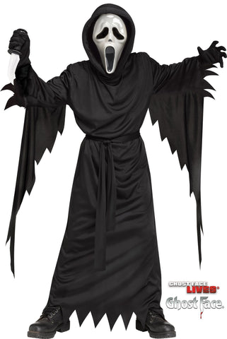 Child posing in the Scream Bleeding Ghost Face costume featuring a long black hooded robe designed with a flowing, floor‑length silhouette and wide draped sleeves finished with jagged, torn‑style edges; includes a tie belt at the waist to help shape the fit and create that classic slasher‑cloak look, and the bleeding mask equipped with a hand‑held pump system and includes 2 fl. oz. of theatrical blood, allowing the red liquid to be released and flow over the mask to create a moving “bleeding” effect
