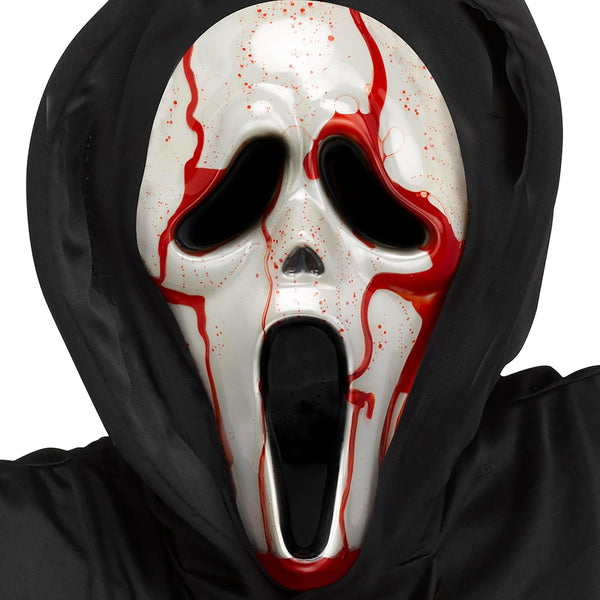 Close up of the bleeding mask equipped with a hand‑held pump system and includes 2 fl. oz. of theatrical blood, allowing the red liquid to be released and flow over the mask to create a moving “bleeding” effect