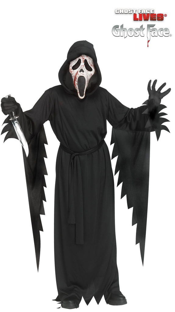 Scream Ghost Face 13" Bowie Knife Costume Accessory featuring a long black hooded robe with a loose, flowing silhouette, wide draped sleeves, and jagged torn-style edges at the cuffs and hem, finished with a tie belt at the waist for a classic slasher look; includes the iconic Ghost Face mask detailed with bold red blood splatter across the white face, combining fine speckles and streaked marks for a dramatic, high-contrast effect while maintaining the instantly recognizable scream shape
