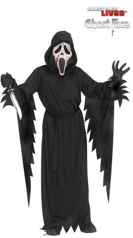 Scream Ghost Face 13" Bowie Knife Costume Accessory featuring a long black hooded robe with a loose, flowing silhouette, wide draped sleeves, and jagged torn-style edges at the cuffs and hem, finished with a tie belt at the waist for a classic slasher look; includes the iconic Ghost Face mask detailed with bold red blood splatter across the white face, combining fine speckles and streaked marks for a dramatic, high-contrast effect while maintaining the instantly recognizable scream shape