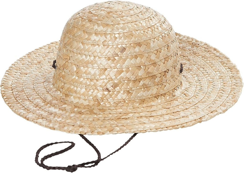 Kids Straw Costume Sun Hat Featuring a woven straw hat in a natural tan color with a rounded crown, a tightly braided texture throughout, and a wide 3-inch brim that extends evenly around the edge, finished with a thin dark chin cord for secure wear.
