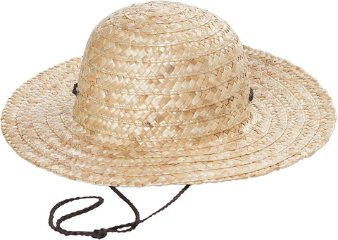 Kids Straw Costume Sun Hat Featuring a woven straw hat in a natural tan color with a rounded crown, a tightly braided texture throughout, and a wide 3-inch brim that extends evenly around the edge, finished with a thin dark chin cord for secure wear.