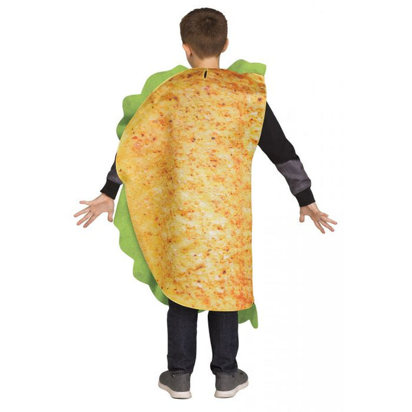 Back of Kids Taco Tuesday Costume featuring  a soft, oversized foam tunic designed in a fun taco shape, printed with a photoreal mix of ingredients including seasoned meat, shredded cheese, lettuce, and tomatoes; styled with a textured golden taco shell front and a ruffled green edge to mimic fresh lettuce, while the back is made with a plain, lightweight fabric for comfort and easy wear