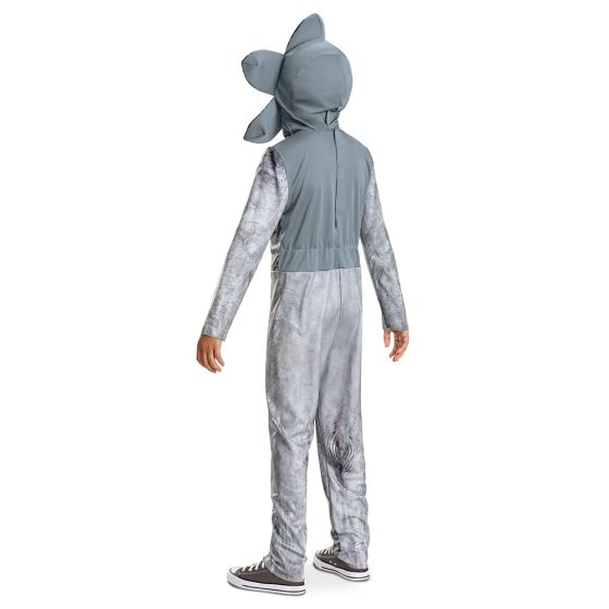 Back of child in the Kids/Teens Stranger Things Demogorgon Costume Featuring a full-length gray jumpsuit with printed texture detailing designed to resemble the Demogorgon’s skin, this unisex costume includes long sleeves and a fitted silhouette with subtle patterning throughout the front and back. The set is paired with a character headpiece designed with a flower-like opening structure, featuring multiple petal-shaped sections with printed red interior detailing and layered graphic elements.
