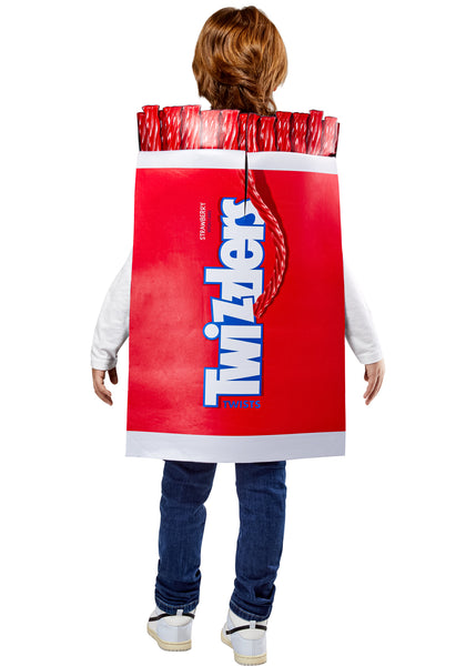 Back of boy in the Kids Twizzlers Candy Costume Featuring a foam-backed tunic costume designed to resemble a Twizzlers candy package, with a bold red wrapper print, large white Twizzlers logo across the front, printed strawberry flavor text, realistic red licorice twists detailing at the top, jagged wrapper-style edges, and a sleeveless pull-on design with side ties for a secure and adjustable fit over everyday clothing.