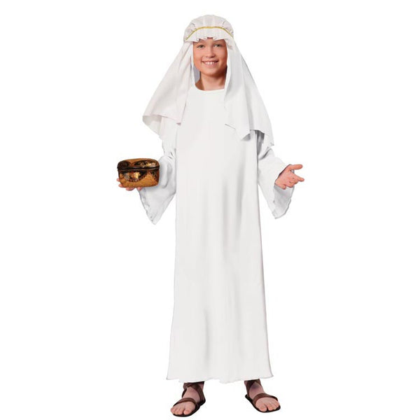 Kids White Biblical Wiseman Costume Featuring a white full-length robe made from lightweight fabric with a loose, flowing silhouette, wide draped sleeves, and a matching white headpiece designed with a soft fabric drape and a gold cord-style headband to secure it in place.