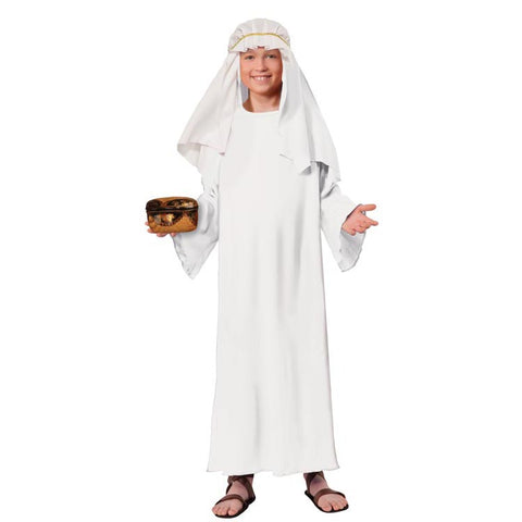 Kids White Biblical Wiseman Costume Featuring a white full-length robe made from lightweight fabric with a loose, flowing silhouette, wide draped sleeves, and a matching white headpiece designed with a soft fabric drape and a gold cord-style headband to secure it in place.