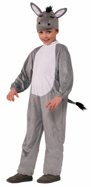 Boy posing in the Kids Farm Donkey Costume which features one‑piece gray plush jumpsuit with a lighter cream‑white belly panel across the front, designed in a relaxed, straight‑leg silhouette; includes a matching hood shaped like a donkey’s head with upright gray ears lined in white, embroidered facial features, and a short black faux‑hair mane at the top; finished with an attached gray tail tipped with black faux hair at the back to complete the classic farm‑animal look