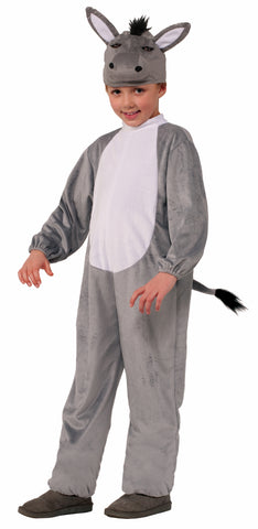 Boy posing in the Kids Farm Donkey Costume which features one‑piece gray plush jumpsuit with a lighter cream‑white belly panel across the front, designed in a relaxed, straight‑leg silhouette; includes a matching hood shaped like a donkey’s head with upright gray ears lined in white, embroidered facial features, and a short black faux‑hair mane at the top; finished with an attached gray tail tipped with black faux hair at the back to complete the classic farm‑animal look
