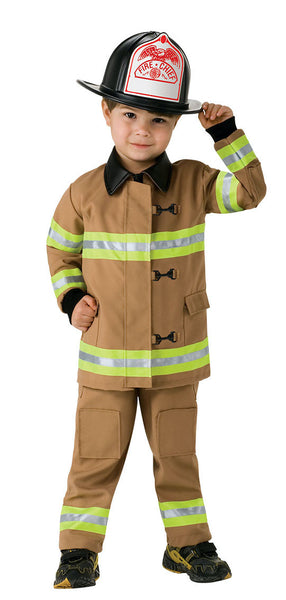 Boy wearing the Kids Fire Chief Firefighter Costume which features a realistic two‑piece firefighter outfit with a tan long‑sleeve jacket and matching pants, both detailed with bright neon‑yellow reflective stripes around the arms, torso, and legs for an authentic fire‑service look; the jacket is styled with black collar detailing and front hook‑and‑loop closures, while the pants include matching reflective bands near the cuffs
