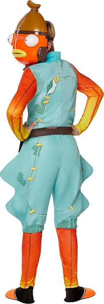 Back of child in the Fortnite Fishstick costume Featuring a teal printed jumpsuit with orange fish-scale-style sleeves and leggings, fin-shaped panels extending from the sides of the legs, printed patchwork and stitch details throughout, and an attached brown utility-style belt with pouch accents; includes a molded Fishstick character mask with a bright orange fish face, large protruding eyes, a yellow fish mouth, and a brown helmet-style cap with side flaps and a top fin detail