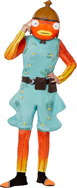 Child thinking in the Fortnite Fishstick costume Featuring a teal printed jumpsuit with orange fish-scale-style sleeves and leggings, fin-shaped panels extending from the sides of the legs, printed patchwork and stitch details throughout, and an attached brown utility-style belt with pouch accents; includes a molded Fishstick character mask with a bright orange fish face, large protruding eyes, a yellow fish mouth, and a brown helmet-style cap with side flaps and a top fin detail