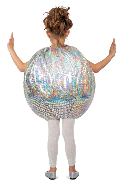 Girl posing in Kids Grooving Disco Ball Costume Features a shiny silver spherical tunic styled to look like a classic mirrored disco ball, covered in reflective square panel detailing that catches the light from every angle and matching leggings, back view