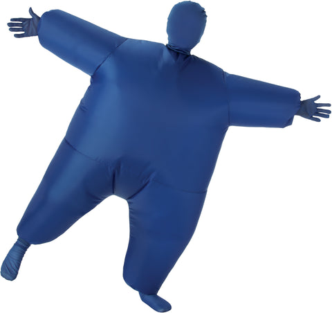 Child wearing Kids Inflatable Blue Body Suit Costume featuring a fully inflatable, oversized blue jumpsuit designed with a rounded, puffy silhouette that exaggerates the torso, arms, and legs for a bold, cartoon‑style appearance. The costume includes a matching blue hood, along with blue gloves and blue socks, all included to complete the monochrome look from head to toe.