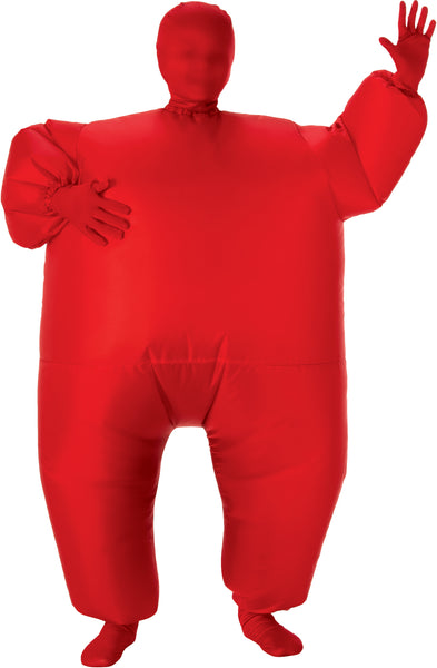 Child in the Inflatable Red Body Suit Costume featuring a fully inflatable, head‑to‑toe red jumpsuit designed with an oversized, rounded silhouette that exaggerates the torso, arms, and legs for a bold, cartoon‑like appearance; the suit includes a full‑coverage red hood that smooths over the face and head, along with red gloves and socks that keep the look uniform from top to bottom