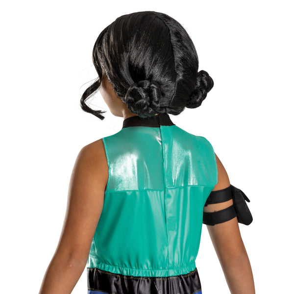 Back of girl wearing the Kids K-Pop Demon Hunters Zoey Costume Wig featuring a sleek black synthetic wig styled into two twisted side buns positioned low at the back of the head with soft bangs across the forehead and strands with curled face‑framing pieces that add shape and movement, recreating Zoey’s signature hairstyle
