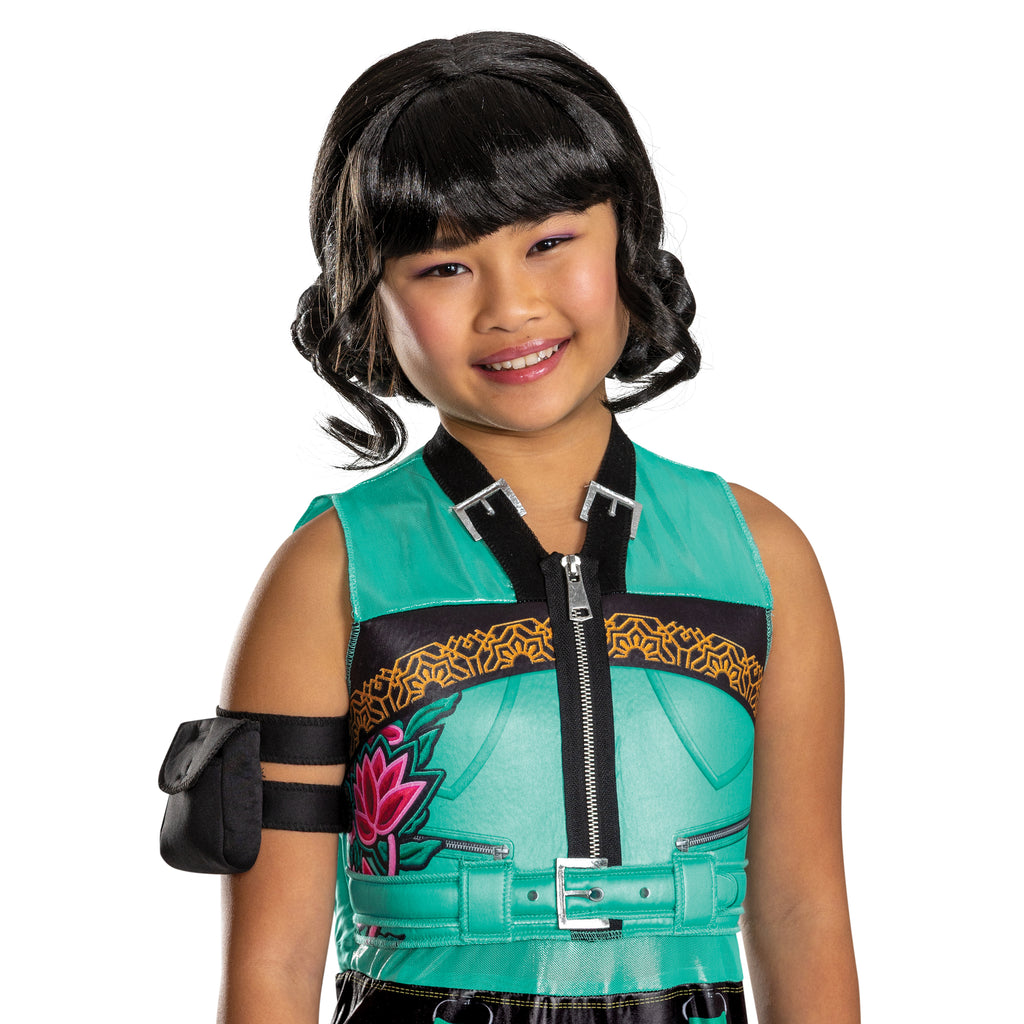 Girl wearing the Kids K-Pop Demon Hunters Zoey Costume Wig featuring a sleek black synthetic wig styled into two twisted side buns positioned low at the back of the head with soft bangs across the forehead and strands with curled face‑framing pieces that add shape and movement, recreating Zoey’s signature hairstyle