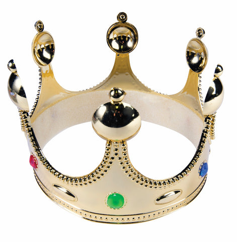 Kids King or Queen Crown Costume Accessory featuring  a shiny metallic gold crown with a smooth rounded band and tall arched points spaced evenly around the top; accented with raised circular orb details at each peak, dotted trim along the edges, and colorful faux gem insets in red, blue, and green set across the front, creating a bold, classic royal silhouette