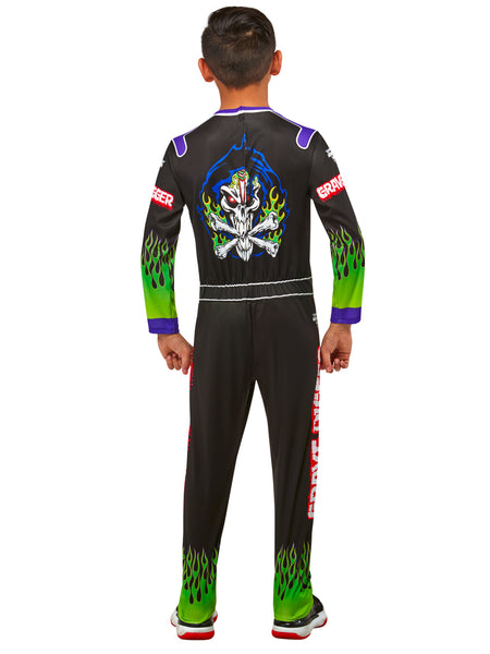 Back view of a boy wearing a black racing suit for Monster Jam's Grave Digger