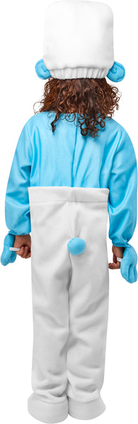 Back view of Girl wearing Kids/Toddlers The Smurfs Smurf Costume which is two‑tone one‑piece outfit with a bright light‑blue long‑sleeve top and solid white pants, with built‑in blue mitten‑style hand covers at the sleeves and attached white shoe covers that extend over the feet, and it is completed with a tall white Smurf hat featuring blue Smurf ears attached at the sides