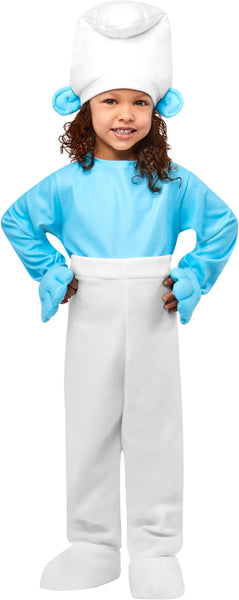 Girl wearing Kids/Toddlers The Smurfs Smurf Costume which is two‑tone one‑piece outfit with a bright light‑blue long‑sleeve top and solid white pants, with built‑in blue mitten‑style hand covers at the sleeves and attached white shoe covers that extend over the feet, and it is completed with a tall white Smurf hat featuring blue Smurf ears attached at the sides, front view