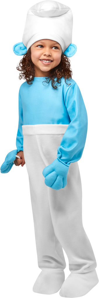 Girl wearing Kids/Toddlers The Smurfs Smurf Costume which is two‑tone one‑piece outfit with a bright light‑blue long‑sleeve top and solid white pants, with built‑in blue mitten‑style hand covers at the sleeves and attached white shoe covers that extend over the feet, and it is completed with a tall white Smurf hat featuring blue Smurf ears attached at the sides, posing