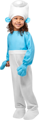 Girl wearing Kids/Toddlers The Smurfs Smurf Costume which is two‑tone one‑piece outfit with a bright light‑blue long‑sleeve top and solid white pants, with built‑in blue mitten‑style hand covers at the sleeves and attached white shoe covers that extend over the feet, and it is completed with a tall white Smurf hat featuring blue Smurf ears attached at the sides, posing