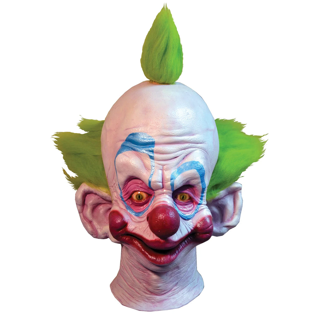 Killer Klowns from Outer Space Shorty the Clown Costume Mask
features a latex full‑coverage sculpt with Shorty’s bulky head shape, mischievous scowl, exaggerated brow, wide grin, and signature pink-and-white clown detailing, finished with vibrant paintwork, deep character lines, and expressive eye openings , front view
