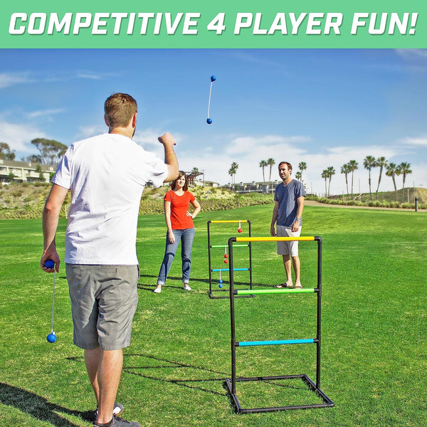 Family and friends playing ladder ball toss game at a park