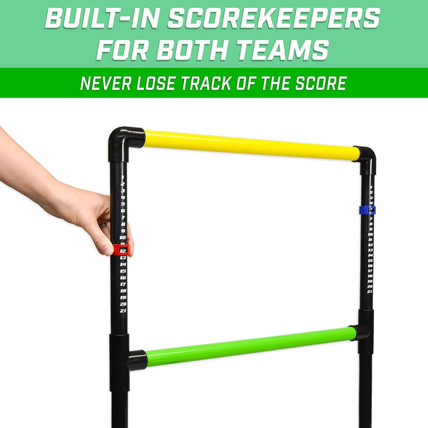 Scorekeeping device with yellow and green bars, held by a hand, on a white background with text about scorekeepers.