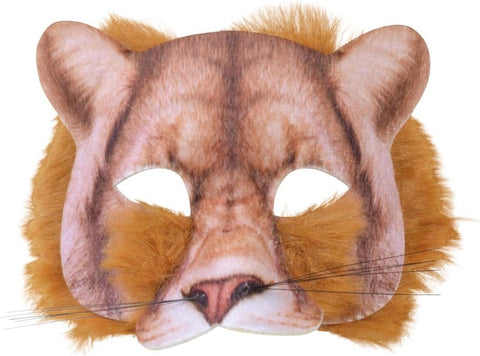Lion Half Mask Costume Mask featuring a  half‑face lion design that covers the upper portion of the face, printed with detailed tawny and golden‑brown fur striping; designed with sculpted rounded ears, a natural‑looking nose and muzzle shape, and trimmed faux‑fur accents along the cheeks and sides to create the impression of a soft mane; includes open eye cutouts that keep the wearer’s face visible while completing the animal look
