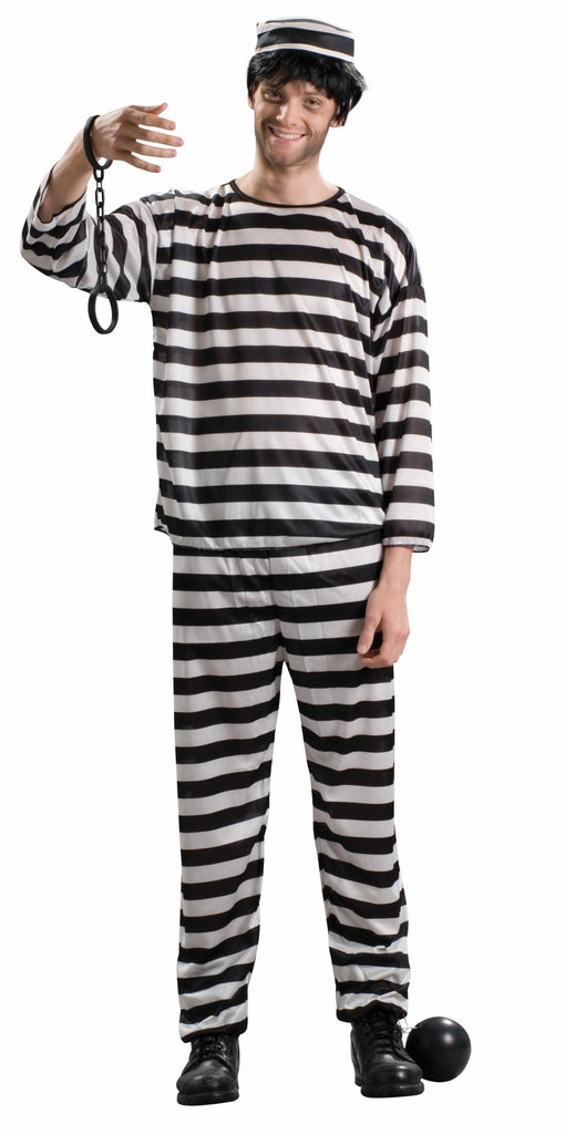 Man wearing the Adults Convicted Prisoner Costume a two‑piece black‑and‑white striped outfit with a long‑sleeve pullover shirt and matching straight‑leg pants, both patterned with bold horizontal stripes for instant jailhouse recognition; includes a coordinating striped prisoner cap completing the classic old‑school inmate silhouette. Accessories available separately