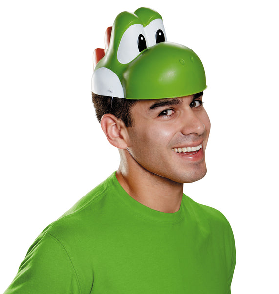Man in Nintendo Super Mario Yoshi Costume Headpiece featuring a molded green Yoshi face with large white cheek panels, wide oval eyes with black pupils, and a rounded snout. The back includes Yoshi’s signature orange dorsal spikes