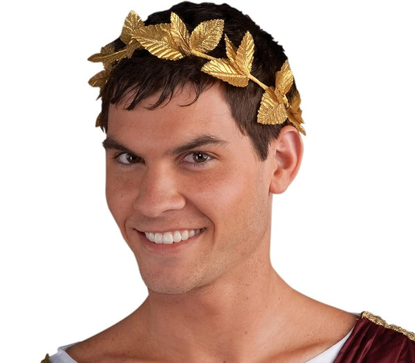 Man wearing the Roman or Greek Leaf Wreath Crown Costume Accessory which features a lightweight metallic‑tone headpiece designed as a continuous laurel wreath, composed of overlapping sculpted leaves arranged in a classic ancient‑era pattern; finished in a bright gold color that highlights the leaf veins and contours, creating a clean, timeless crown silhouette that sits comfortably around the head