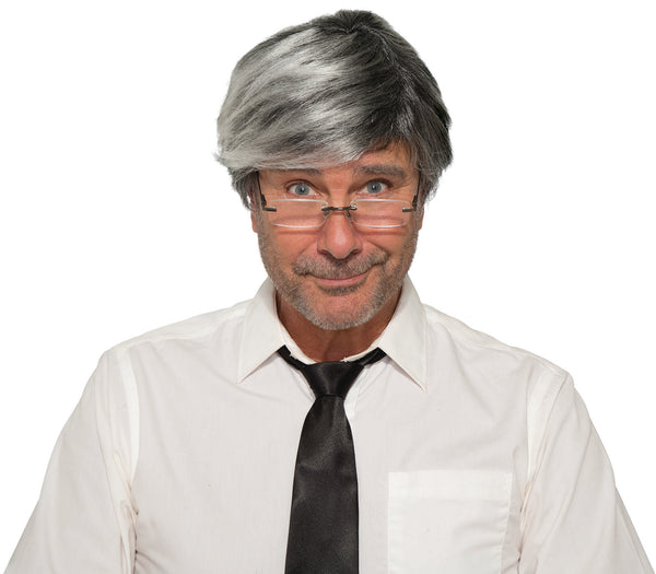 Man wearing the Gray Old Man Geppetto Wig which features  a short, neatly styled gray synthetic wig with darker undertones at the crown and lighter silver highlights throughout, parted to one side for a classic, mature look; 