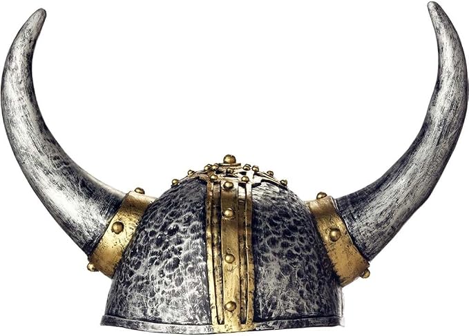 Medieval Viking Helmet Costume Hat Featuring a soft vinyl helmet cap designed with a rounded dome in a metallic silver finish, accented by a raised central ridge with gold-tone detailing and rivet studs, and secured with two large curved horns on each side in a textured bone-like style for a bold Viking-inspired look.