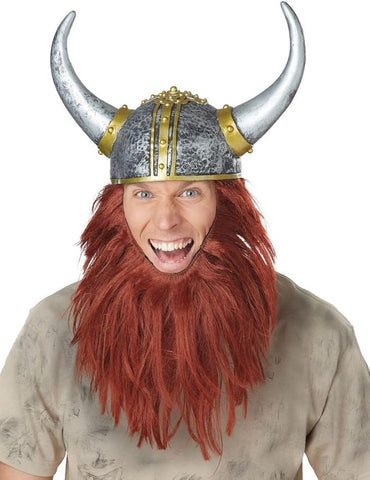 Man happy to wear the Medieval Viking Helmet and Beard Costume Hat Featuring a molded helmet cap with a textured metallic silver finish and a rounded dome shape, accented by a central gold-tone ridge with rivet detailing, large curved horns on each side in a bone-like finish, and an attached long red synthetic beard secured with a sewn-in strap for easy, all-in-one wear.