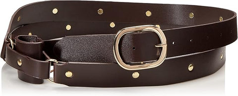 Medieval Double Wrap Belt Scabbard Costume Accessory featuring a dark brown leather‑look belt designed to wrap twice around the waist, detailed with evenly spaced round gold‑tone studs running along its length; secured with a large oval gold‑tone buckle at the front, and finished with an attached integrated scabbard loop (sword holder) section that sits at the hip, creating a layered, battle‑ready silhouette even without a sword in place
