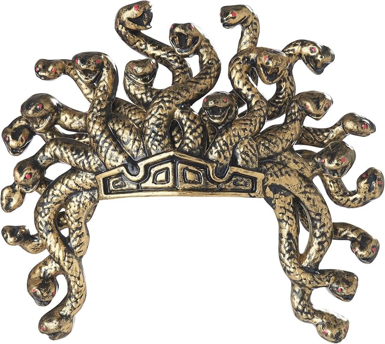Medusa Snake Headpiece Costume Accessory Featuring a gold-toned headpiece designed with two tiers of sculpted snakes, each snake detailed with textured scales, defined fangs, and small red eyes, arranged in a layered, radiating pattern across a curved band that sits along the head, creating a full, dimensional crown effect with intertwined shapes and antique-style metallic finish.