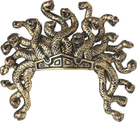 Medusa Snake Headpiece Costume Accessory Featuring a gold-toned headpiece designed with two tiers of sculpted snakes, each snake detailed with textured scales, defined fangs, and small red eyes, arranged in a layered, radiating pattern across a curved band that sits along the head, creating a full, dimensional crown effect with intertwined shapes and antique-style metallic finish.