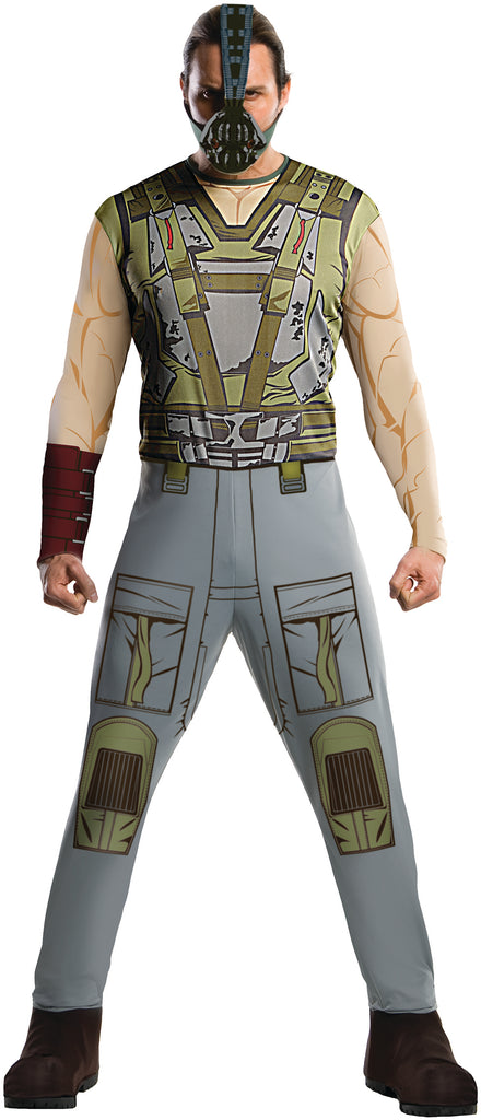 Man posing in the Mens Batman DC Universe Bane Costume Featuring a printed jumpsuit with a muscular torso design, olive green tactical vest graphics, long beige sleeves with muscle details, gray pants with printed pockets and knee panels, a molded character mask with an attached vertical breathing apparatus, and a brown forearm cuff detail.