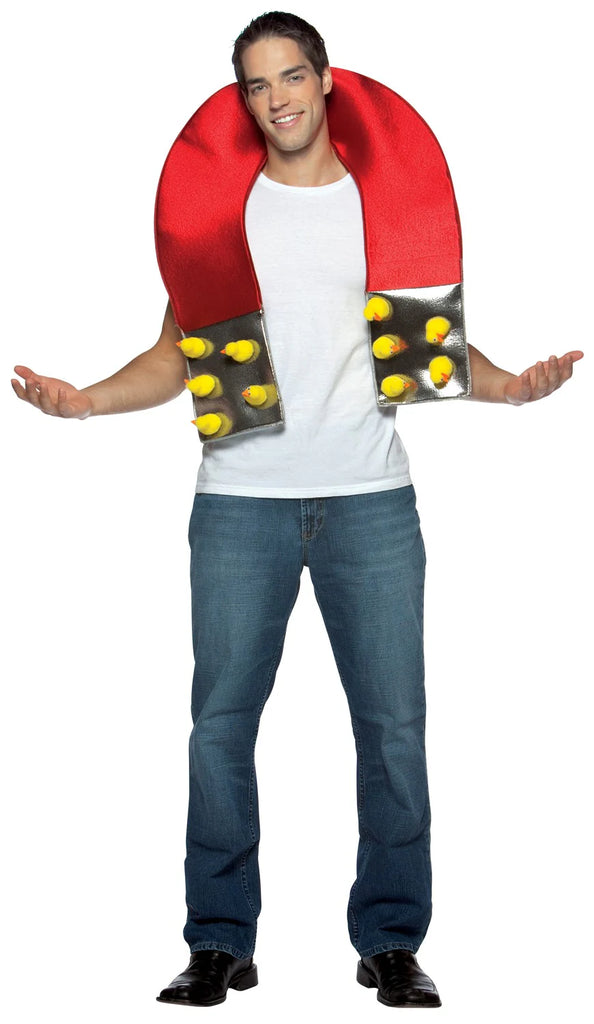 Man modeling the Mens Chick Magnet Costume Featuring a one-piece oversized horseshoe-shaped magnet prop in bright red and metallic silver finishes, designed to rest around the shoulders and chest. The costume is constructed from foam with a curved structure and includes multiple small plush yellow chicks attached along the lower sections. The open center allows the wearer’s torso to be visible, while the lightweight build sits comfortably over everyday clothing.