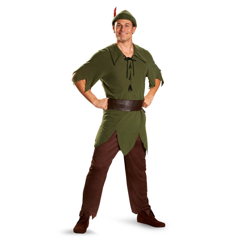 Mens Disney's Classic Peter Pan Costume features a forest‑green tunic designed with a jagged hemline and short sleeves, styled with a lace‑up neckline at the chest for a storybook‑accurate finish. The costume includes matching brown pants, a wide brown belt that wraps around the waist, and a classic green hat topped with a red feather. 