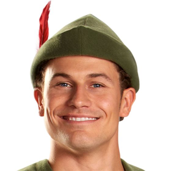Hat from the Mens Disney's Classic Peter Pan Costume features a forest‑green tunic designed with a jagged hemline and short sleeves, styled with a lace‑up neckline at the chest for a storybook‑accurate finish. The costume includes matching brown pants, a wide brown belt that wraps around the waist, and a classic green hat topped with a red feather. 