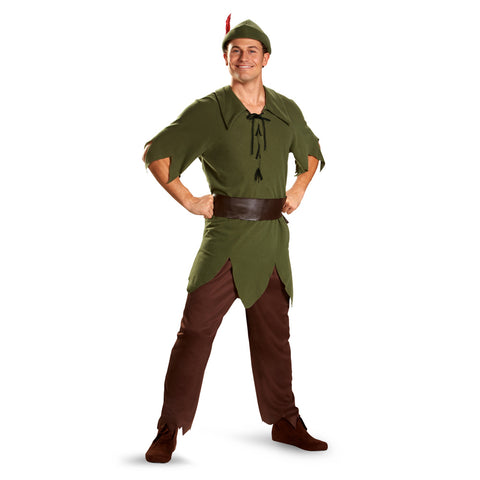 Mens Disney's Classic Peter Pan Costume features a forest‑green tunic designed with a jagged hemline and short sleeves, styled with a lace‑up neckline at the chest for a storybook‑accurate finish. The costume includes matching brown pants, a wide brown belt that wraps around the waist, and a classic green hat topped with a red feather. 