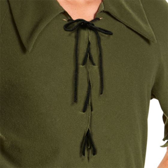 Top from the Mens Disney's Classic Peter Pan Costume features a forest‑green tunic designed with a jagged hemline and short sleeves, styled with a lace‑up neckline at the chest for a storybook‑accurate finish. The costume includes matching brown pants, a wide brown belt that wraps around the waist, and a classic green hat topped with a red feather. 