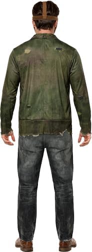 Back view of Man posing in the Friday the 13th Jason Voorhees Costume Featuring and off-white hockey-style mask with cutout eye openings, multiple ventilation holes, red painted accent markings, and an adjustable brown head strap, along with a printed jumpsuit designed to look like a distressed olive-green jacket layered over a worn shirt and attached matching gray printed pants with weathered detailing, torn-effect artwork, and an aged appearance